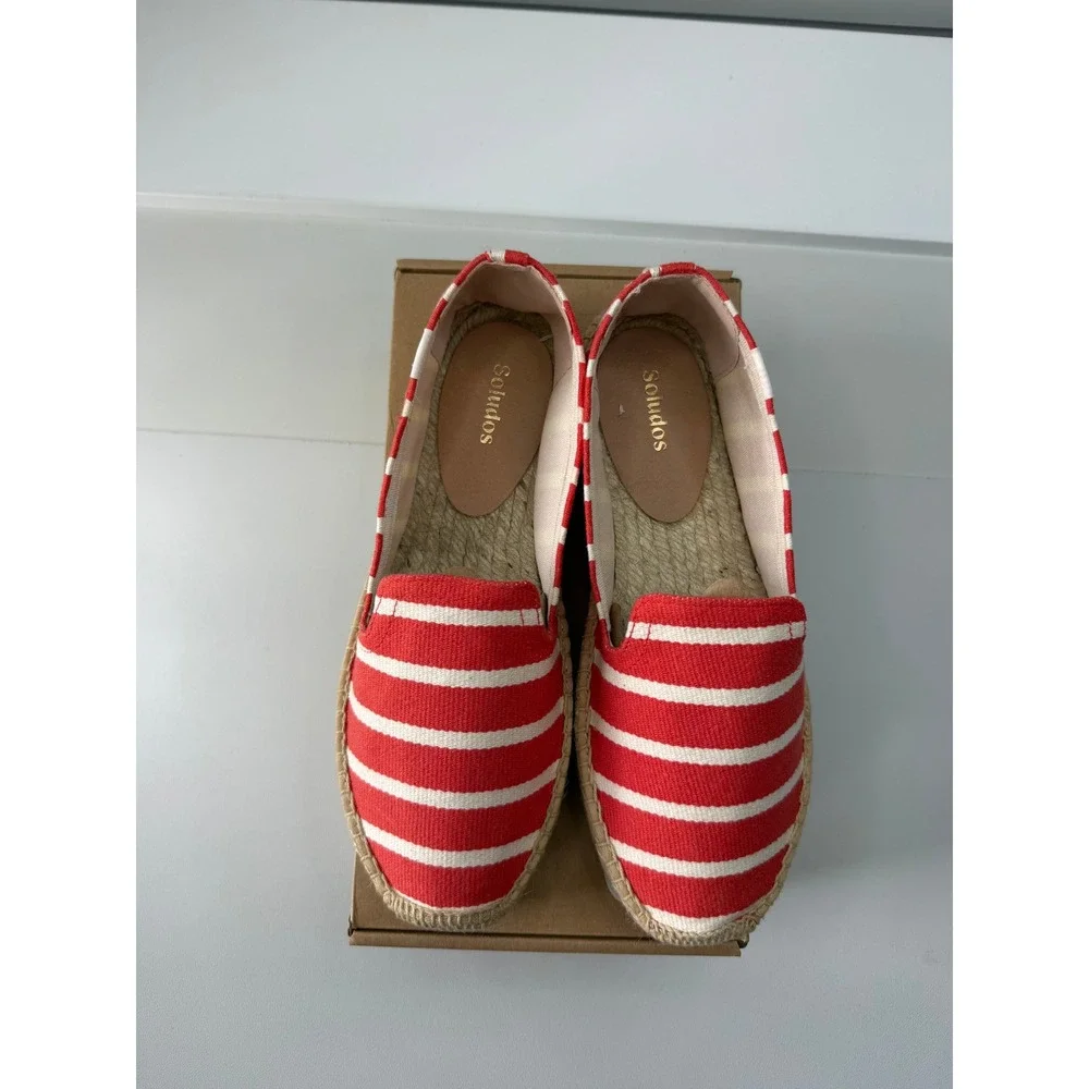 Soludos Womens Platform Smoking Slipper Coral Red White Striped Espadrilles‎ 9